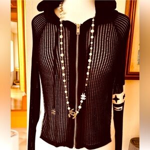 Authentic CHANEL Black CC SHW Hoodie Cardigan Sweater size 40 Excellent RARE!